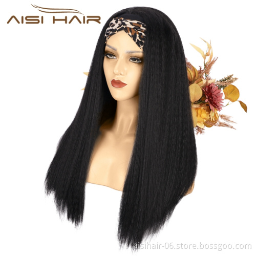 2021 Best Quality Wholesale Long Yaki Glueless Synthetic Wigs Grip Adjustable Headband Attached For Women Brazillian None Lace